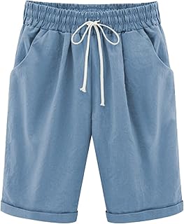 Women's Cotton Linen Casual Drawstring Shorts Summer Elastic Waist Knee Length Shorts Loose Short Pants Comfy Beach