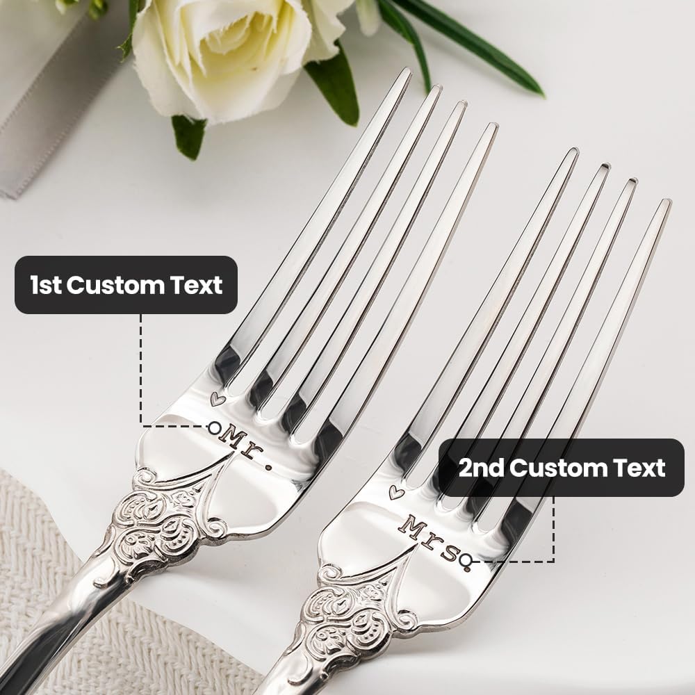 callie Personalized Mr & Mrs Wedding Cake Forks Set for Bride Groom - Custom Names & Date, Valentines Anniversary Engagement Gifts for Couples Women Men, 2PCS
