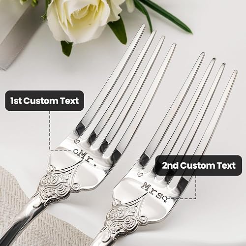 Miniatura 2 de callie Juego de 2 tenedores de boda personalizados con fecha grabados con fecha, cubiertos plateados vintage personalizados resistentes para pastel