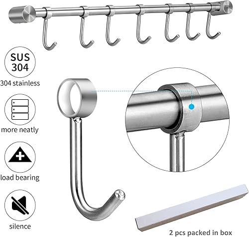 Miniatura 5 de Perchas para ollas, paquete de 2 barras colgantes de 16 pulgadas de montaje en pared o debajo del gabinete con 7 ganchos deslizantes por varilla,