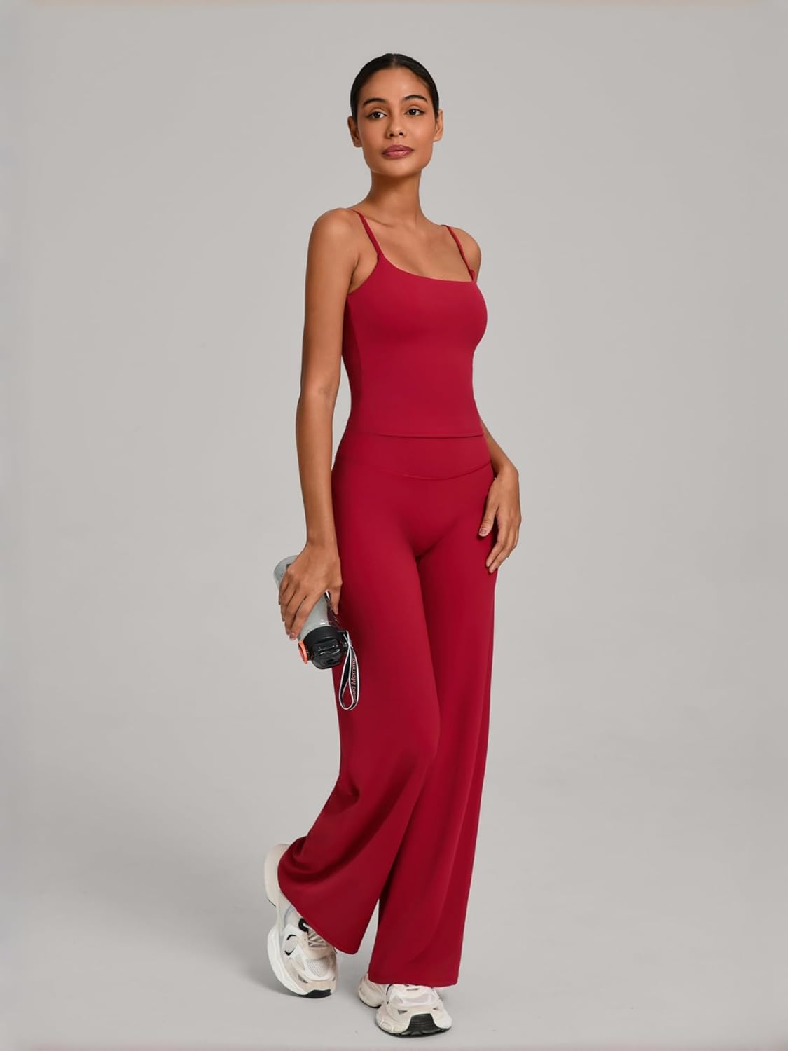 Womens Two Piece Workout Sets Spaghetti Straps Crop Top Matching Straight Leg Pants Gym Yoga Pilates Outfits