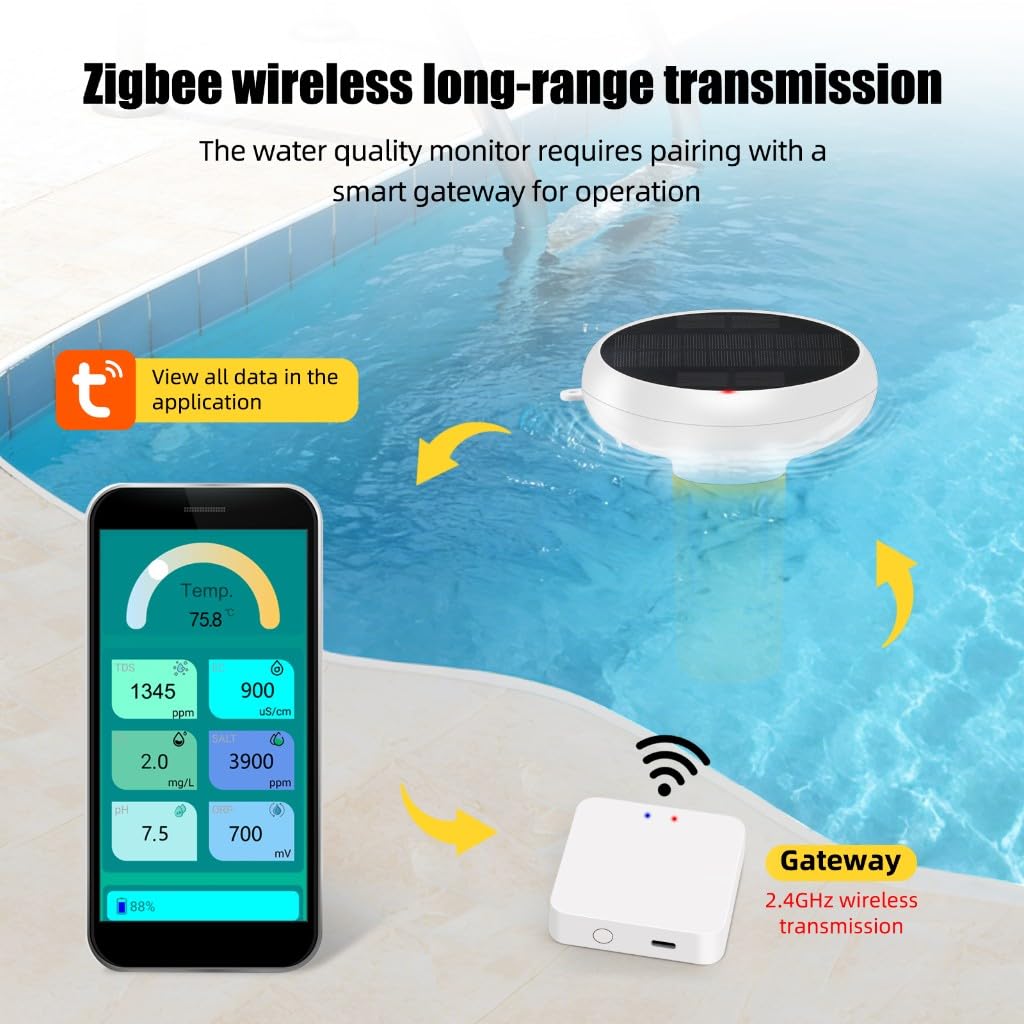 Tester Acqua Piscina 7 In 1 Galleggiante Analizzatore Senza Fili - Monitor Solare Connesso Per Manutenzione Intelligente