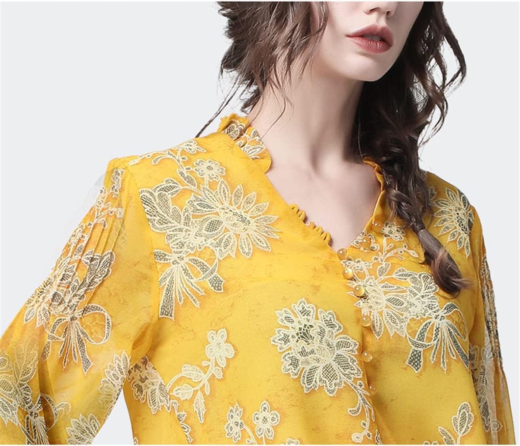 Floral Ladies Chiffon Blouse Women Spring Summer Tops Beaded Female Casual Office Blouses