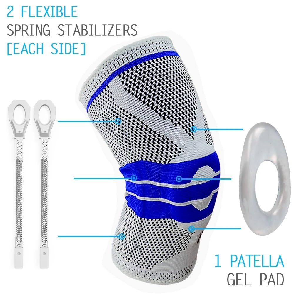 1 paire de genouillères de compression avec stabilisateurs latéraux et coussinet en gel de silicone pour la rotule, les déchirures du ménisque, le jogging pour l'arthrite, le brassard (rouge,