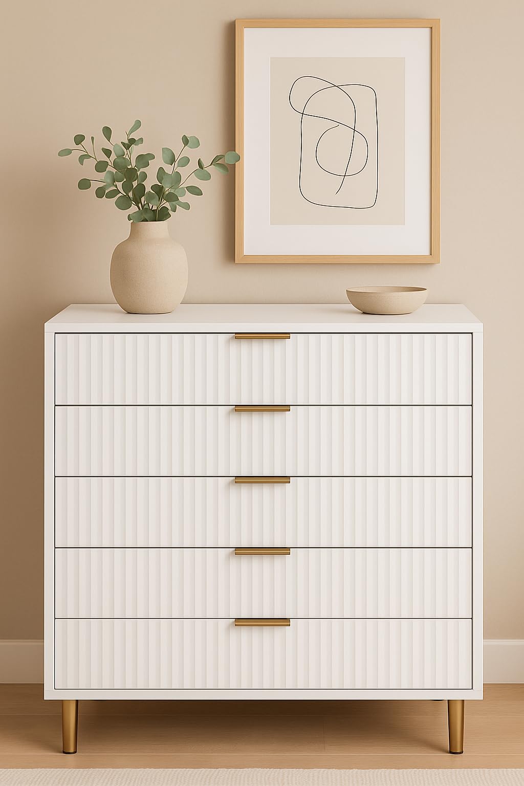 Home Treats Bedroom Furniture Set White Wooden Chest of 5 Drawers with Legs Anti Bowing Supports Gold Accents Ridged Design (Chest of 5 Drawers)