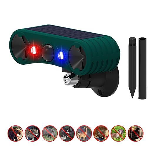 Solar Outdoor Motion Sensor Alarm 2*130db High Frequency Ultrasonic Siren with 4 Adjustable Modes, Red & Blue Strobe Light, Suitable for Homes, Orchards, Buildings, Farms, Warehouses and Other Places