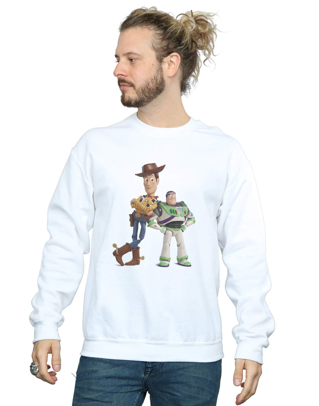Disney Men's Toy Story Buzz And Woody Standing Sweatshirt White Large