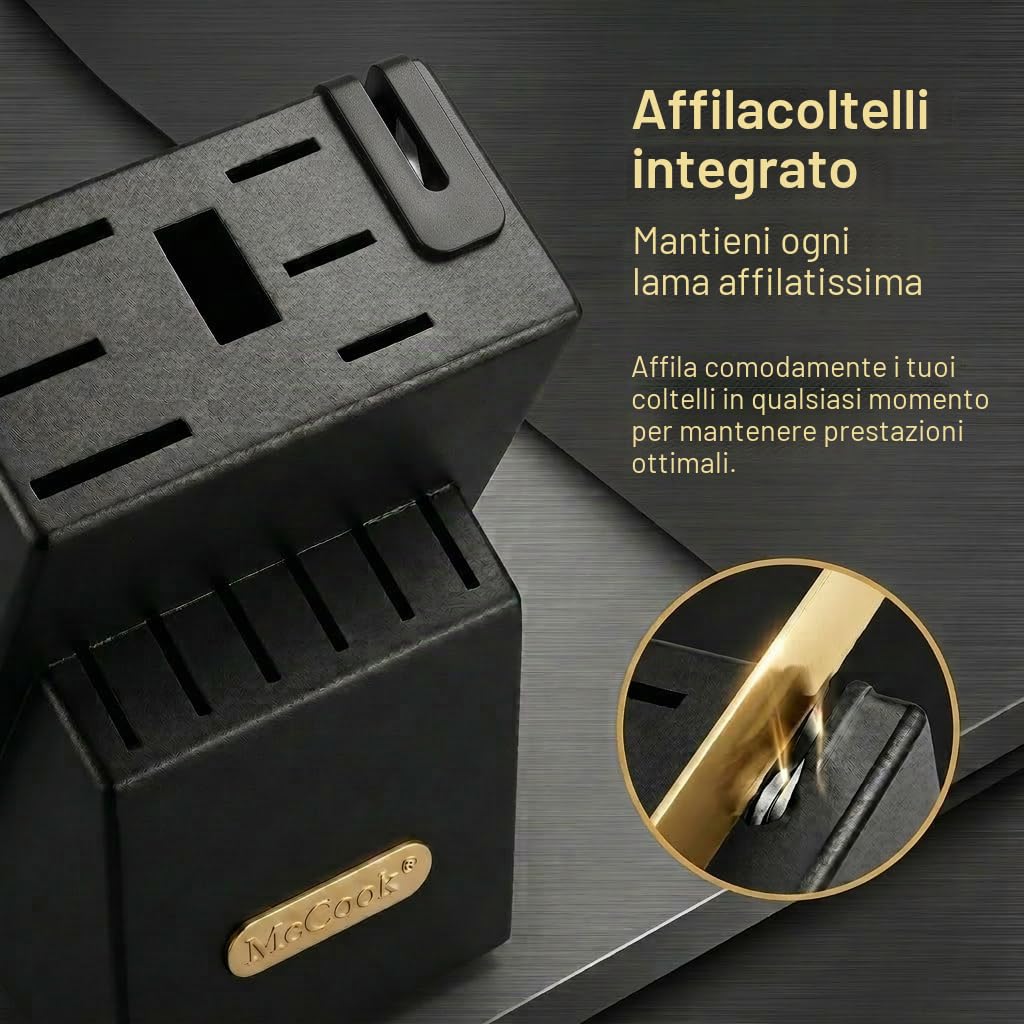 McCook® Set di coltelli da cucina in acciaio inossidabile al titanio dorato con affilacoltelli integrato