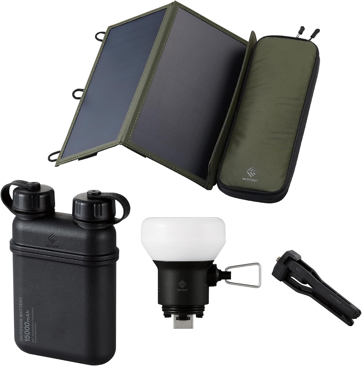 ELECOM NESTOUT 15000mAh Outdoor Power Bank 2-Panel Solar Panel Charger LAMP-1 LED 300 Lumen Soft Lantern - Black