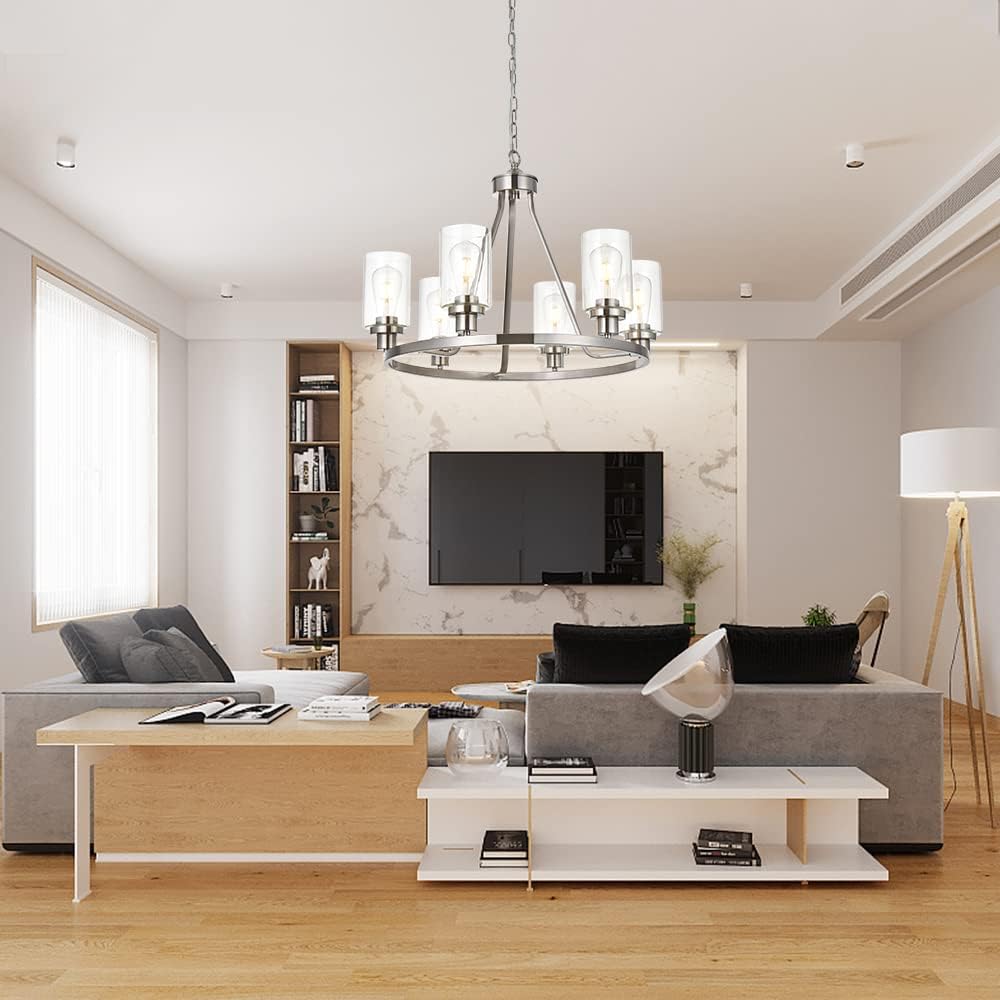 Black Friday Sale 2022 MELUCEE 6 Lights Round Chandelier Brushed Nickel Island Lighting Dining Room Lighting Fixtures Hanging Glass Pendant Light for Kitchen Living Room Bedroom