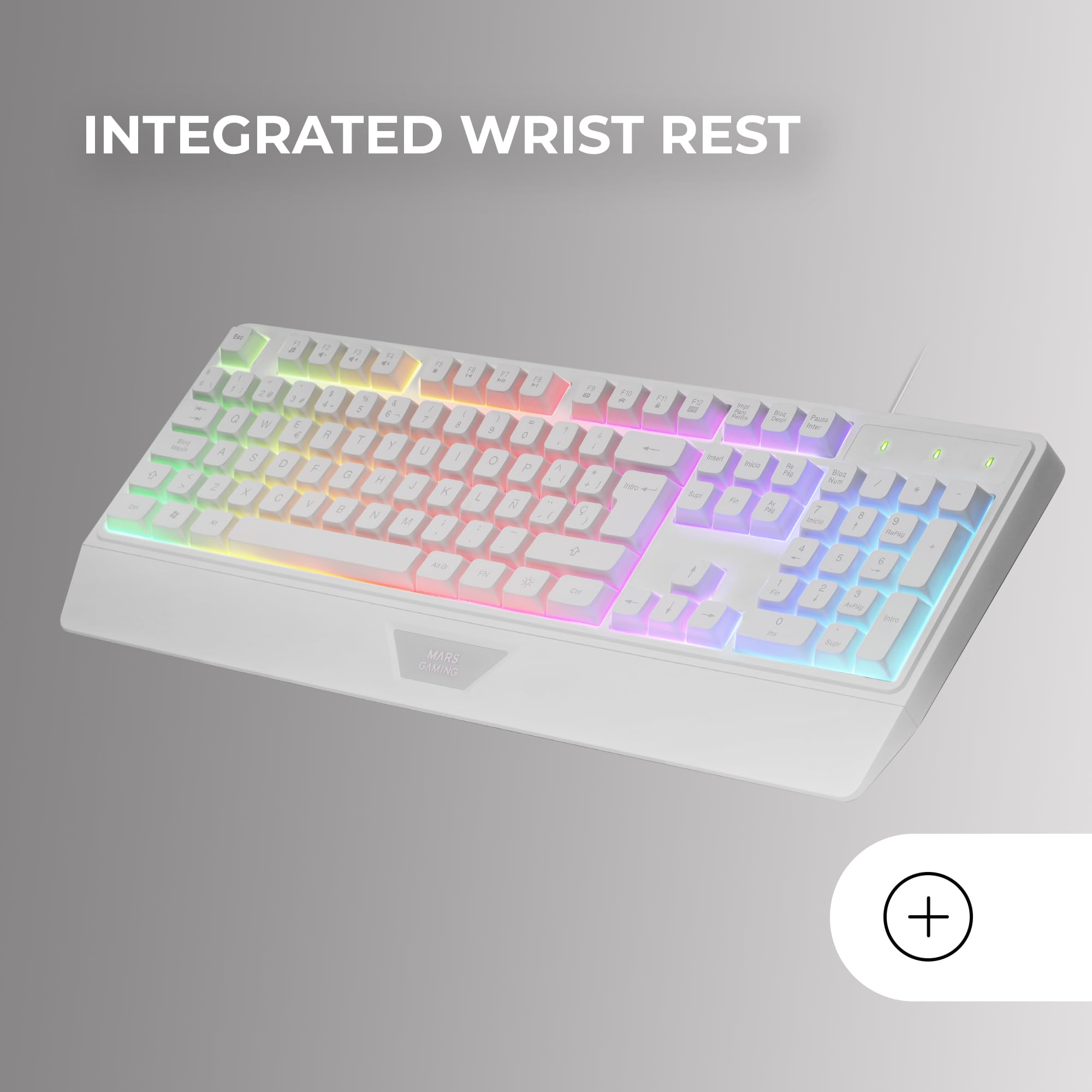 Mars Gaming MK124, Idioma Español, Teclado Ergonómico H-Mech Completo, Reposamuñecas Integrado, Iluminación FRGB Rainbow, Gaming Antighosting, Multiplataforma, Blanco — view 3