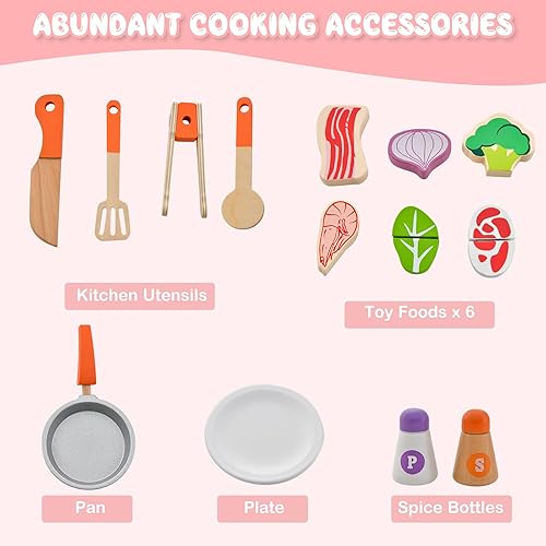 Miniatura 8 de Costzon Juego de cocina para niños, juego de cocina de madera de doble cara con sonido realista, horno, dispensador de cubitos de hielo, utensilios,