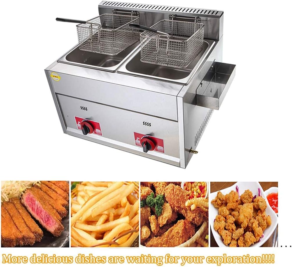 Fat Fryer Basket, Commercial Deep Fryer, 12L, Gas Fryer, Large Capacity, Double Fryer, Stainless Steel, LPG Deep Fryer with 2 Baskets and Lids for Home, Kitchen