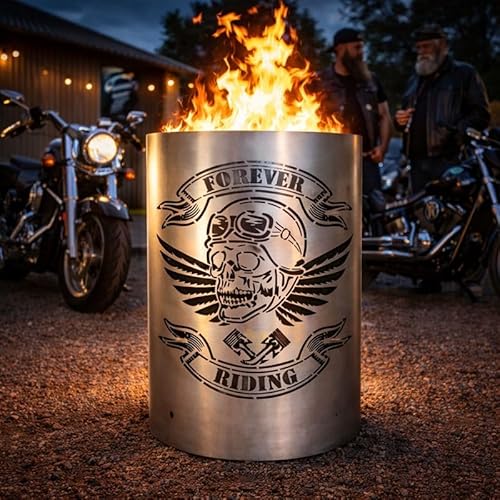 TiKo-Design® Feuertonne - Lagerfeuertonne - Feuerkorb mit Skull Forever Riding Motiv – Verleihen Sie Ihrem Garten EIN besonderes Ambiente für unvergessliche Abende mit ihren Freunden