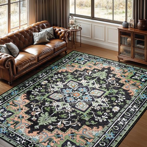 Lofus 8x10 Area Rugs, Large Area Rug for Living Room, Floral Washable Area Rug for Bedroom, Office, Dining Room, Non-Slip Vintage Boho Rug, Low-Pile Soft Carpet, Traditional Oriental Style, Dark Green