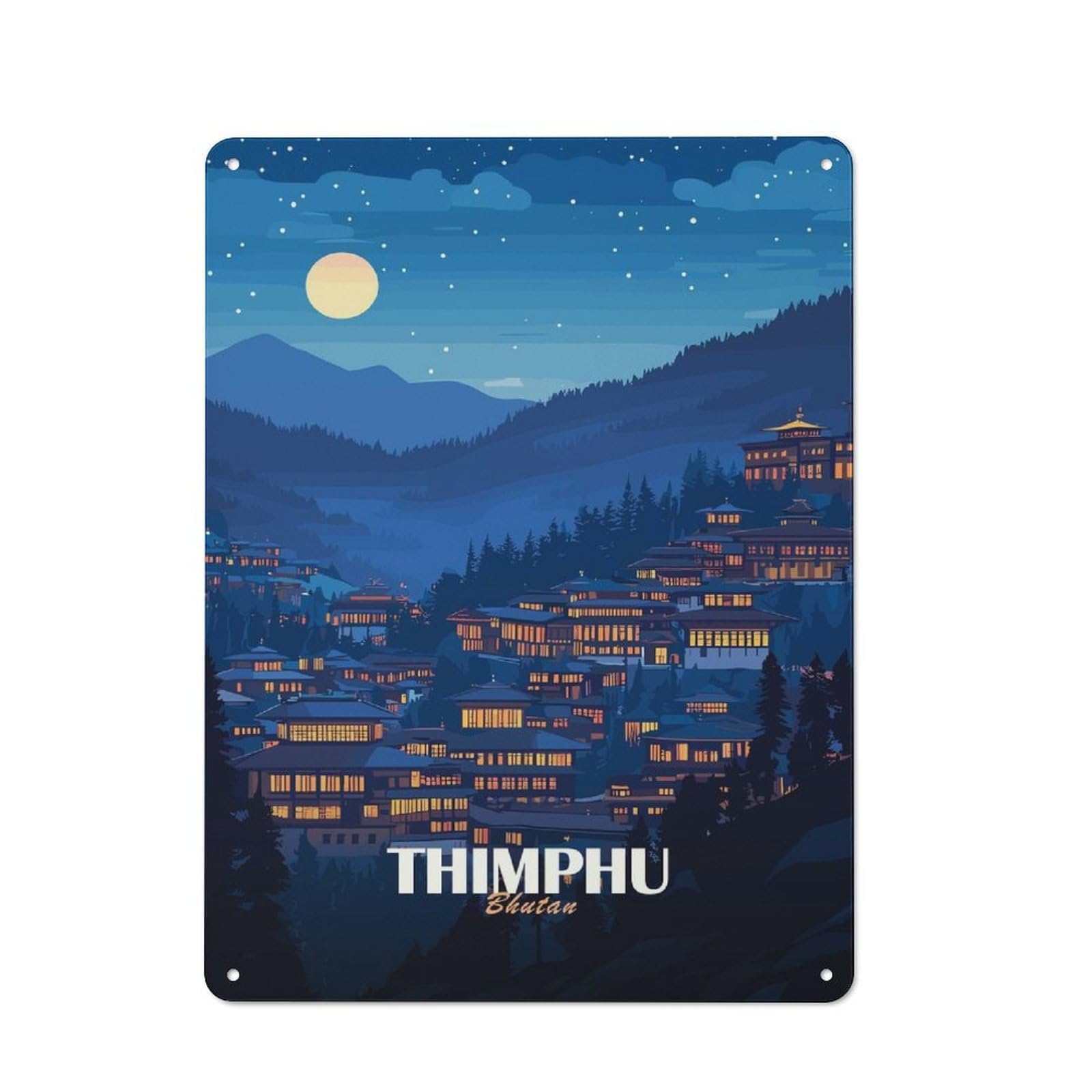 Junmoney Style-14 Farmhouse Metal Sign With Thimphu, Bhutan Nightscape Illustration Design 40X30cm, Rustic Country Wall Plaque For Cottage, Kitchen, Hallway Or Breakfast Nook
