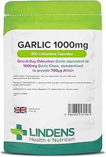 Lindens Garlic 1000mg - 200 Odourless Capsules - Standardised to Provide 700mcg Allicin (Equivalent to 1000mg Fresh Garlic) - 6+ Months Supply - GMP & Letterbox Friendly - UK Made
