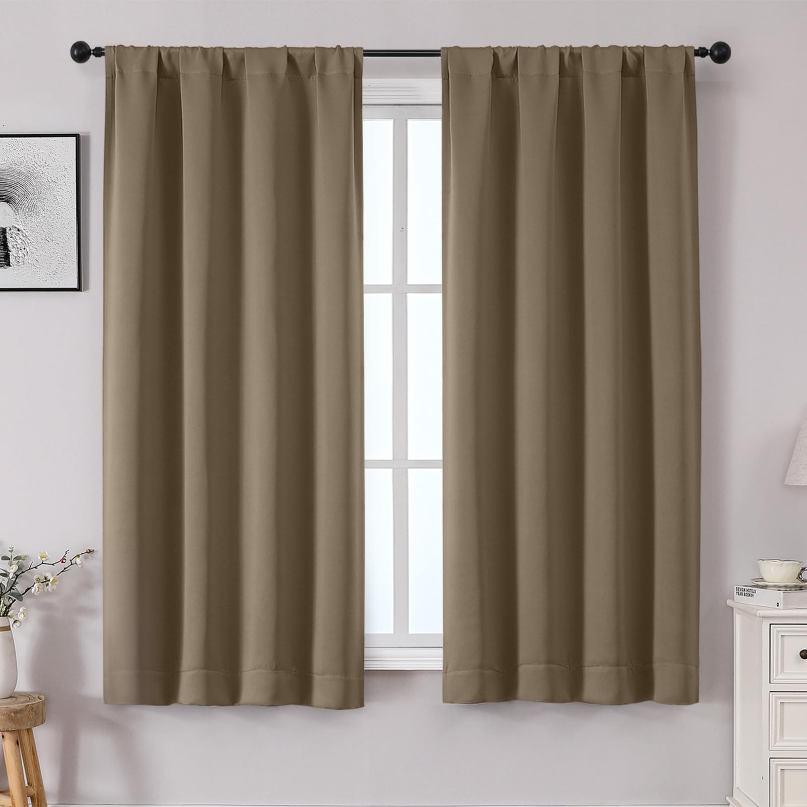 OWENIE Sally Taupe Blackout Curtains for Bedroom 63 Inch Length 2 Panels Set, Solid Thermal Insulated Room Darkening Rod Pocket Window Treatment