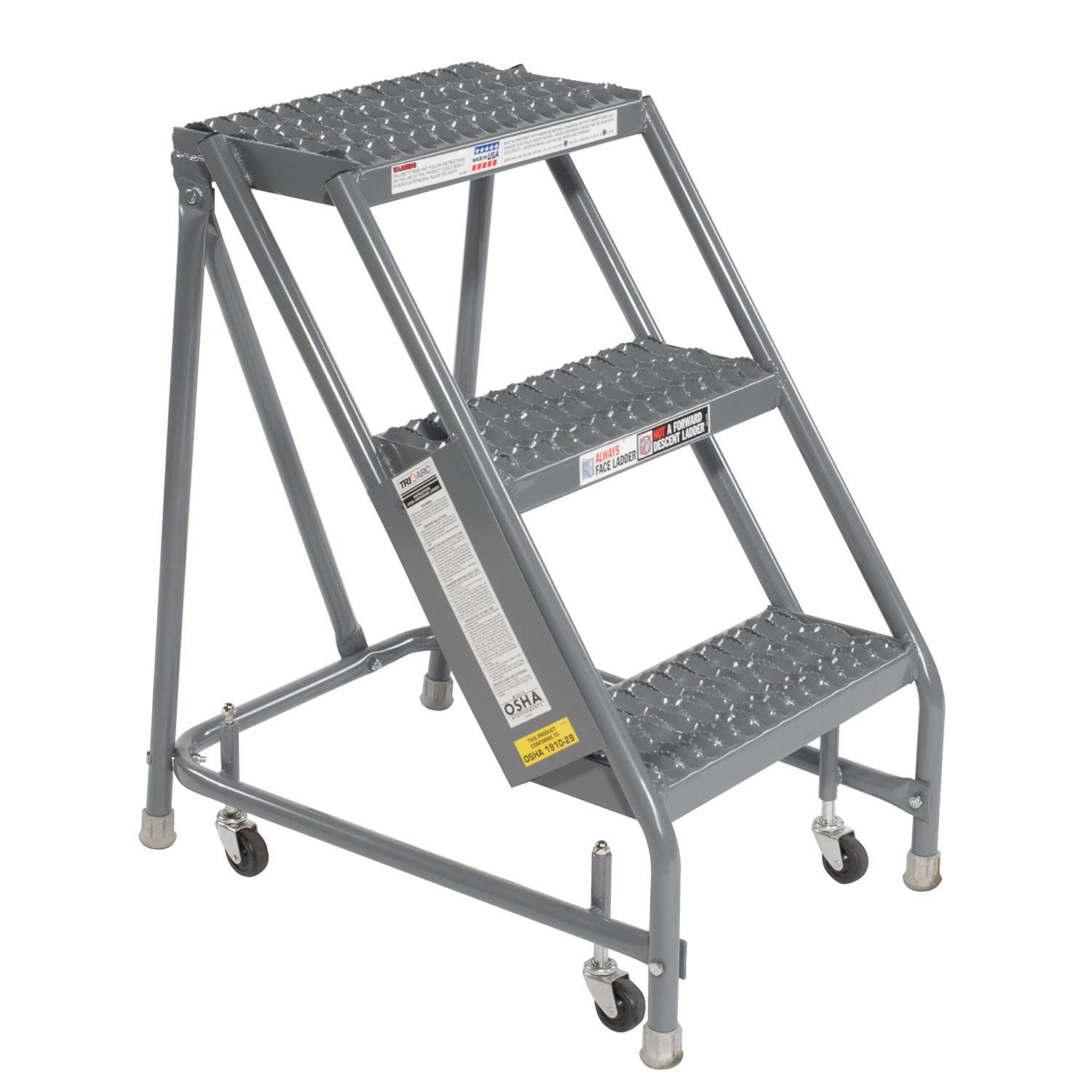 Tri-Arc 3-Step Steel Rolling Industrial and Warehouse Ladder with Grip-Strut Tread by Tri Arc – 3-Step, Alloy Steel, 16-inch Wide Step, Model KDSR003162