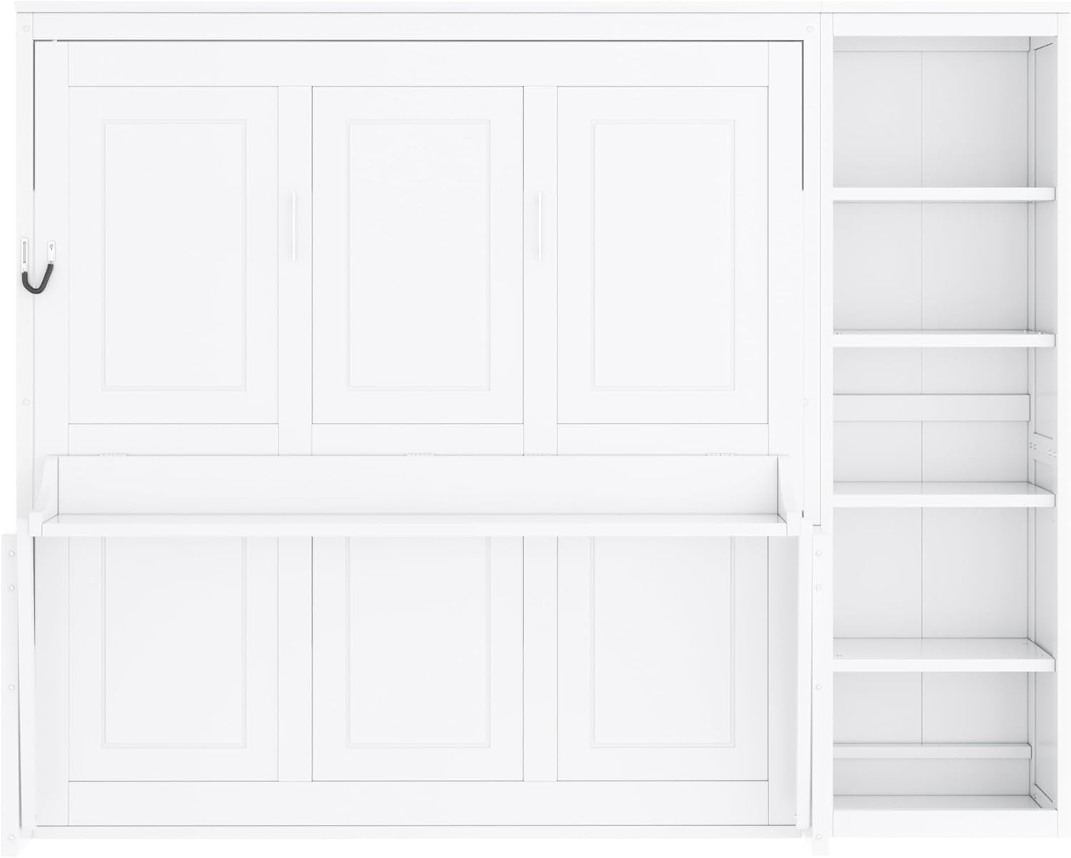 Merax Queen Size Murphy Bed with Desk and Bookshelf, Space-Saving Design Foldable Wall Bed, Fold into The Wall, Pine Wood Platform Bed Frame for Small Spaces Studio Study Office Guest Room, White