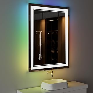 24x36 Inch RGB LED Bathroom Mirror with Lights | Front and RGB Backlit, Dimmable, Memory, Anti Fog, Shatterproof, Horizontal/Vertical, Lighted Mirrors for Bathroom Wall