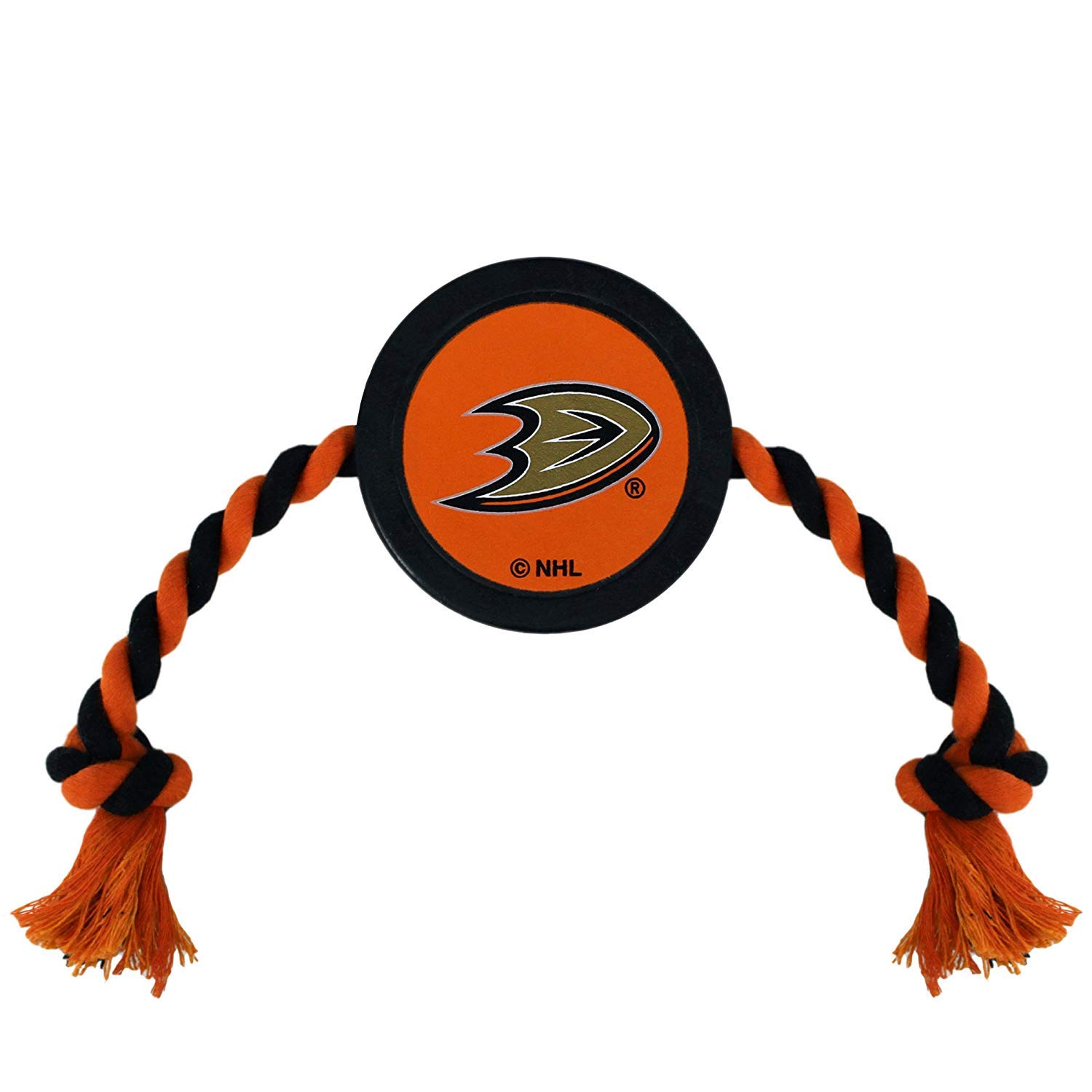 Pets First Dog Rubber Toy Tough Rubber with Heavy-Duty Dog Rope Tug Toy. NHL Anaheim Ducks Puck Toy for Dogs & Cats. Play Hockey with Your Pet with This Licensed Dog Puck Rubber Cool Toy!