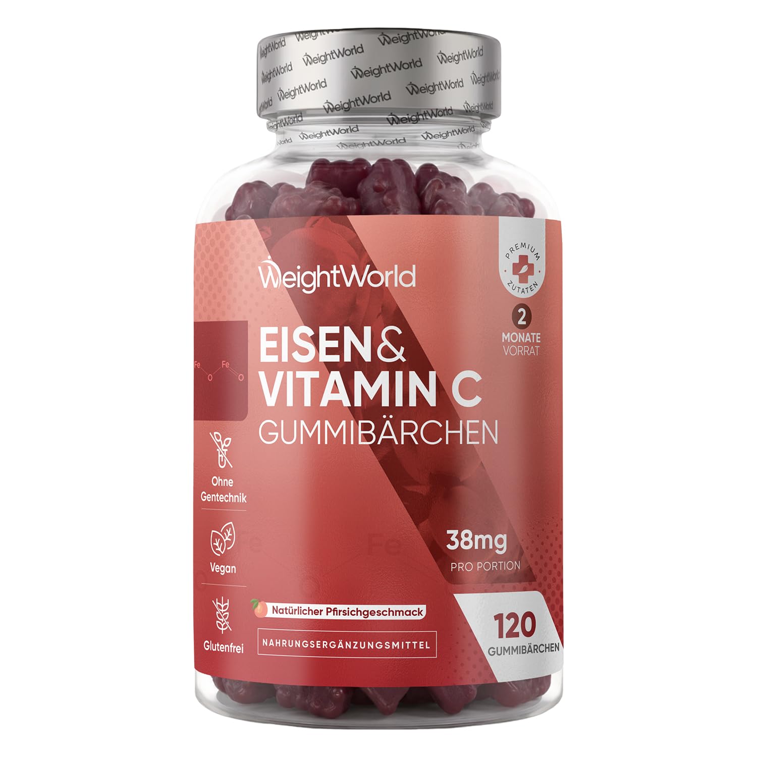 WeightWorld Eisen &amp; Vitamin C Gummibärchen - 2 Monate Vorrat - 120 Gummies | Nur 2 Gummies pro Tag, 28mg Iron, 10mg Vit C, Vegan, Natürlicher Pfirsichgeschmack, Glutenfrei, Gemäß GMP – Amazon Angebot