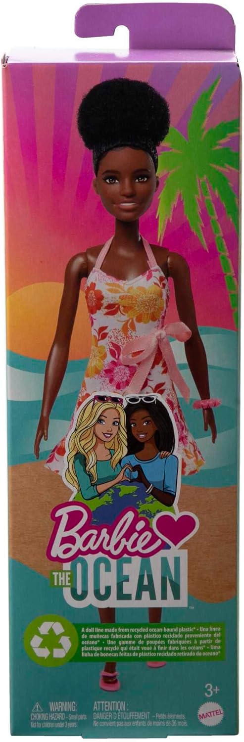 Barbie loves the ocean doll with natural black hair wearing pineapple dress  amp accessories fashion doll amp clothes made from recycled plastics