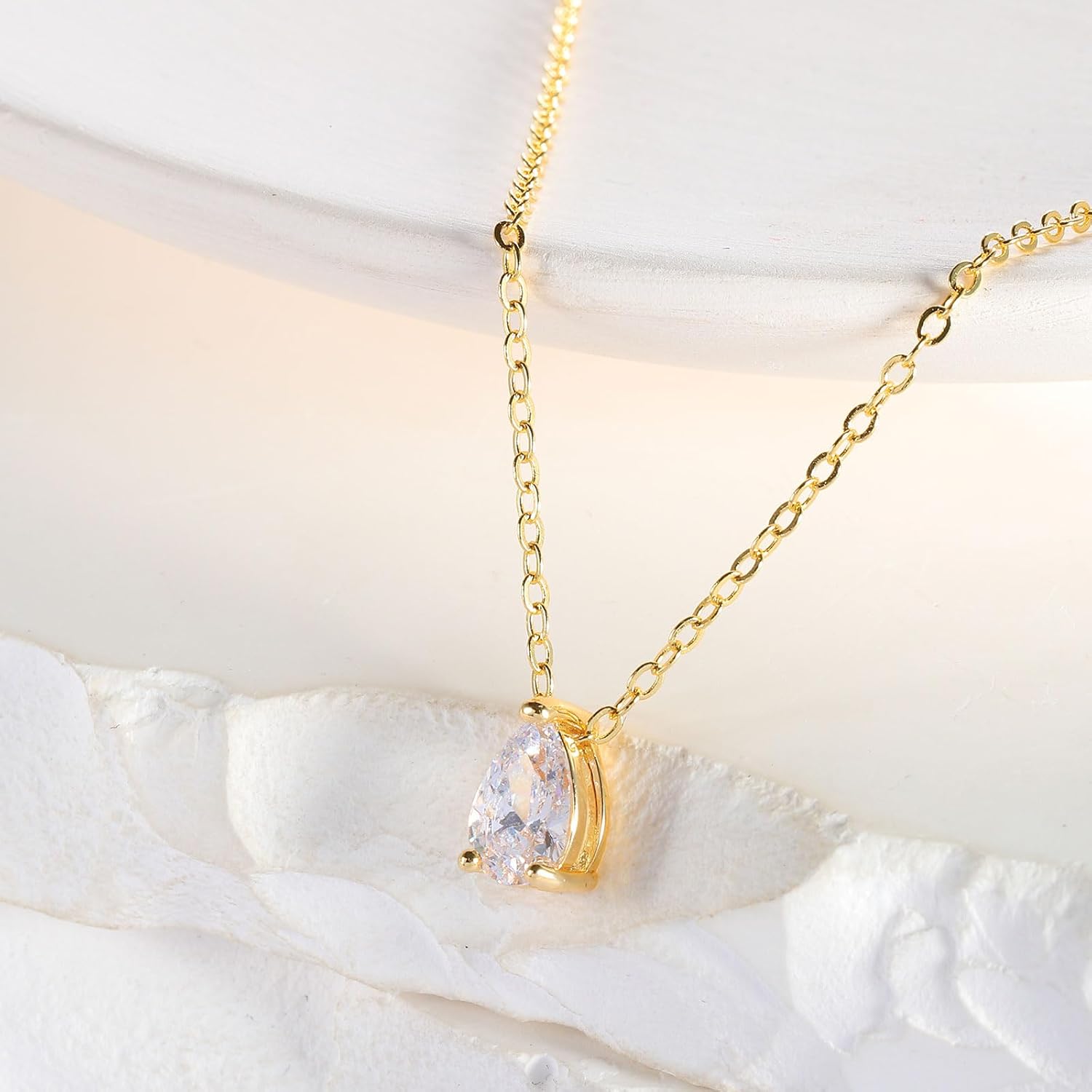 Dainty Gold Necklace-14k Gold Plated Solitaire Cubic Zirconia Necklaces Tiny Round Teardrop CZ Layered Necklaces Dainty Butterfly Leaf Flower Necklace for Women 16.5”+2” - Image 6