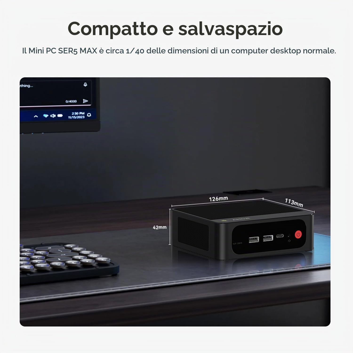 Beelink SER5 MAX Mini PC, AMD Ryzen R7 7735HS (8C/16T, fino a 4.75GHz), Mini Desktop Computer 24GB LPDDR5 RAM 500GB PCIe SSD, Triplo Display 4K, HDMI/DP/Type-C/WiFi6/BT5.4/2.5G LAN