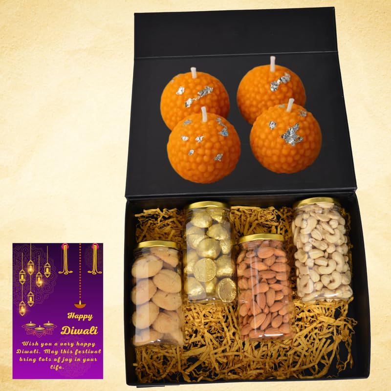 Image of NUTRI MIRACLE Diwali Dry Fruits Nuts Chocolates Gift Hamper with Laddu Candles for Office Parties