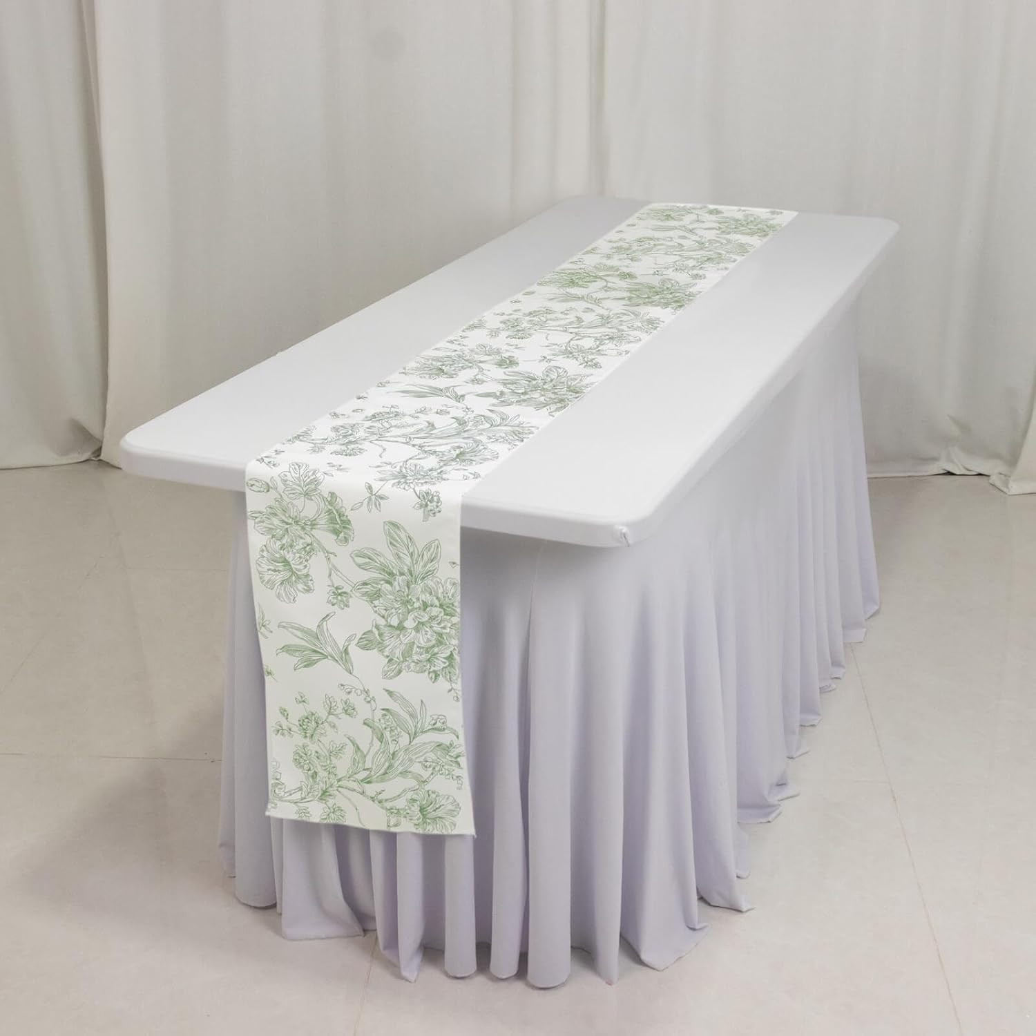 Efavormart Polyester Table Runner 12"x108" White with Dusty Sage Green French Toile Floral Print - Exquisite Reusable Table Décor