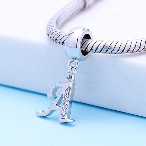 Miniatura 2 de ABUN Abalorio de plata de ley 925 con letra A a la Z espaciador de inicial con circonita cúbica transparete colgante auténtica para pulseras de