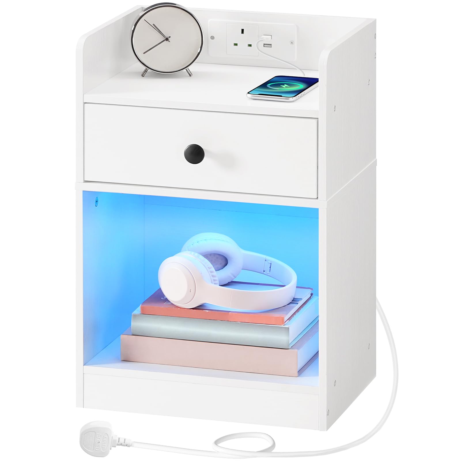 HOOBRO Bedside Table with Charging Station and LED Lights, Side Table with 1 Outlet and 2 USB Ports, Nightstand for Living Room, Bedroom, White EWT18KDBZ01G1-picture-10