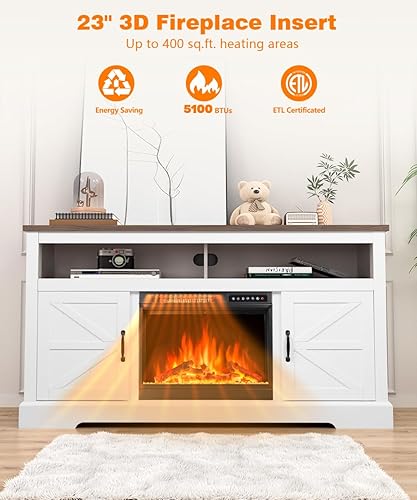 Miniatura 2 de Cowsar Soporte de TV con chimenea de 60 pulgadas, chimenea envolvente de madera, calentador de chimenea independiente, llama LED ajustable, control