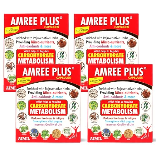 Image of AIMIL Amree Plus Capsules - 20 Capsules | Ayurvedic Nutrient Supplement for Carbohydrate and Lipid Support | Natural Herbal Formula with Gudmar & Karela to Help Manage Tiredness & Fatigue (Pack of 4)