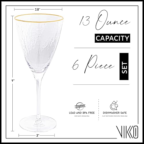 Vikko Copas de vino, copa de vino decorativa de 13 onzas, copa martillada con borde dorado, copa de vino tinto o blanco, juego de 6 elegantes copas