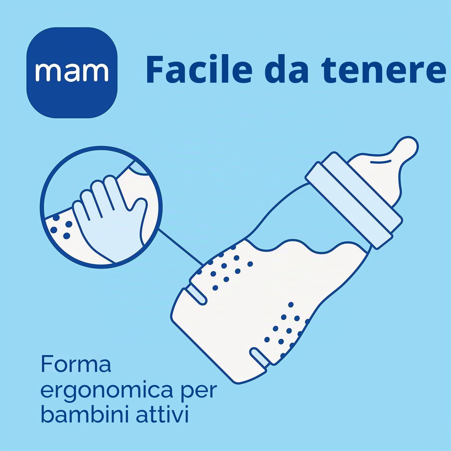 Istruzioni in Lingua Straniera - Mam Easy Active Baby Bottle, Biberon Grande per Apprendimento Ergonomico, Facile da Impugnare, Tettarella N. 3 in Silicone e Coperchio Salvagoccia, 4 Mesi, Blu, 330 Ml