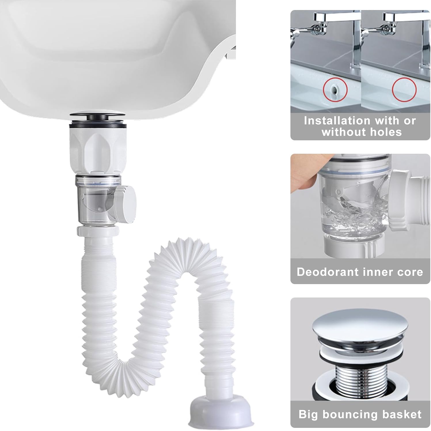 Bathroom Sink Drain Kit Flexible Expandable P-Trap Sink Drain Pipe for 1-1/4" to 1-1/2" Drain Hole Snappy Trap with Built-in Anti-clogging Stopper