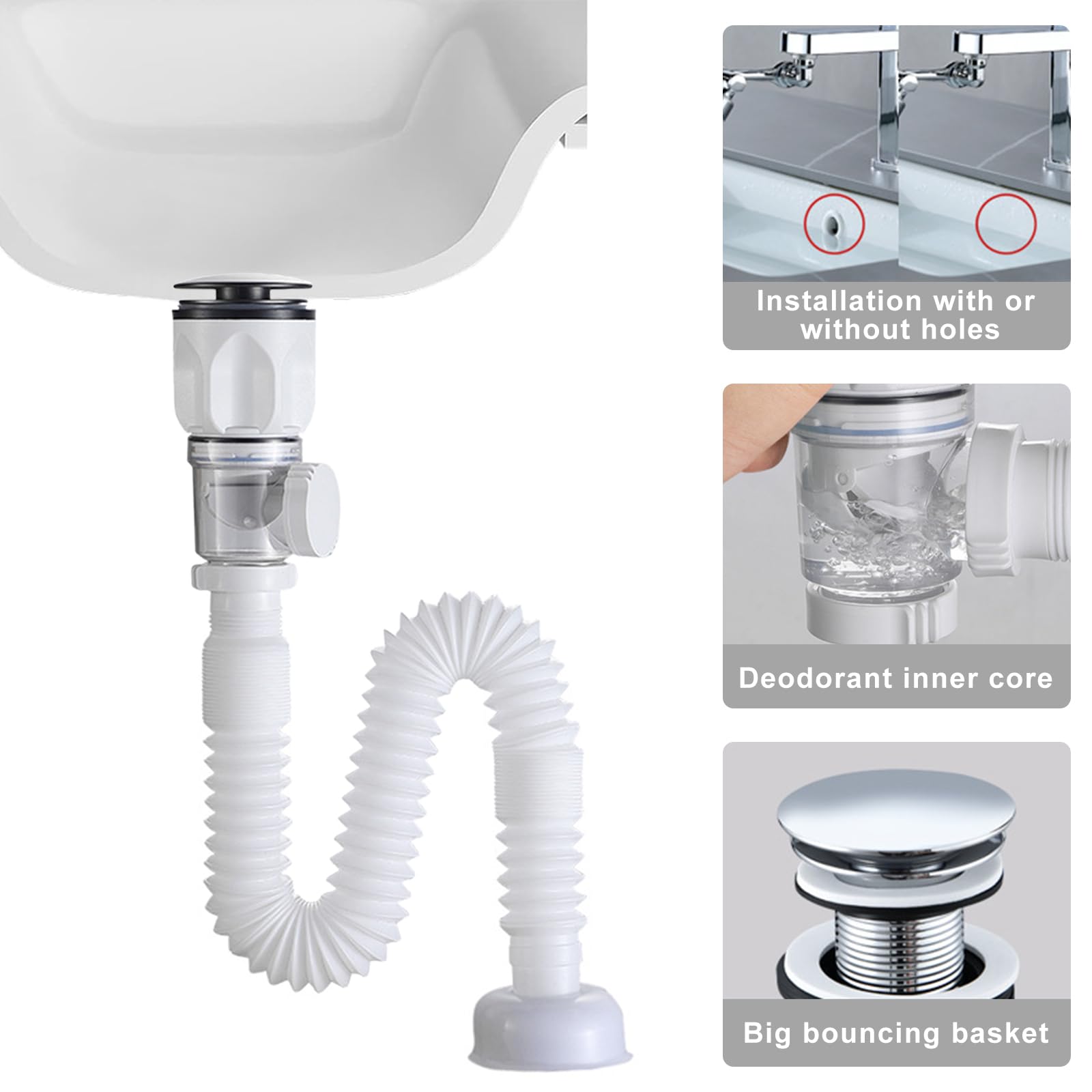 Desagüe Clic-Clac para Lavabo con Sifón Flexible,Blanco