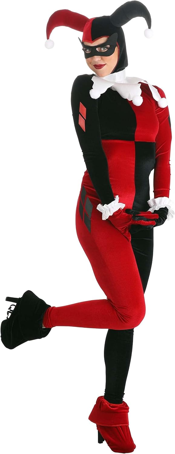 Deluxe Women's Harley Quinn Costume - DC Comics Harley Quinn Jumpsuit, Hood, Mask, Cuffs, Gloves & Boot Tops