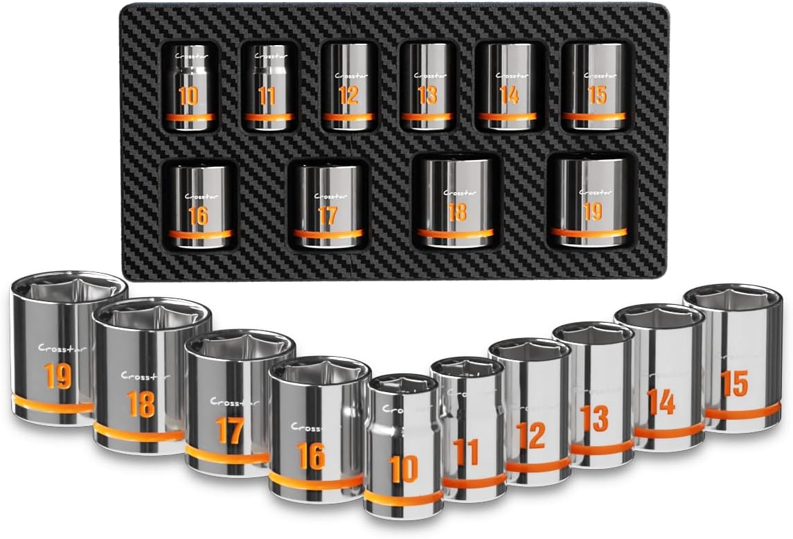 Crosstar 10pcs 3/8" Drive thin wall Shallow Socket Set, Low Profile Stubby Socket Set with EVA foam, 6-Point Mechanic Metric Socket Sets in 10mm-19mm for tight space,use with ratchet wrenches