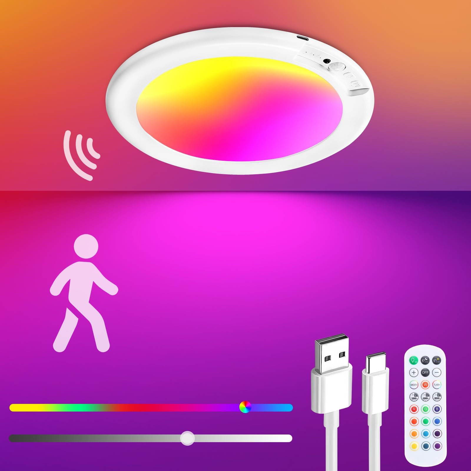Rechargeable Ceiling Light with Remote - Shower Light for Inside Shower with Color Changing & White Light, Magnetic Motion Sensor Ceiling Light Battery Powered for Shower Bathroom Closet ect