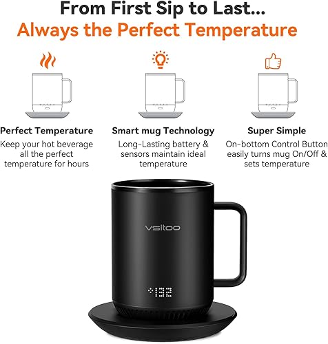 Miniatura 3 de vsitoo S3 - Taza inteligente con control de temperatura 2 con tapa, taza de café autocalentable de 10 onzas, pantalla LED, duración de la batería de