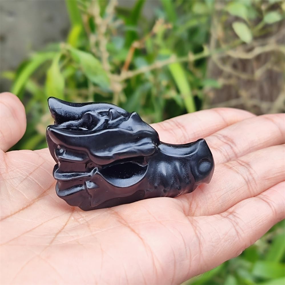TEAMWILL 2" Natural Obsidian Crystal Dragon Head Statue Realistic Black Dragon Head Figurines Animal Sculpture Stone Statue Decor