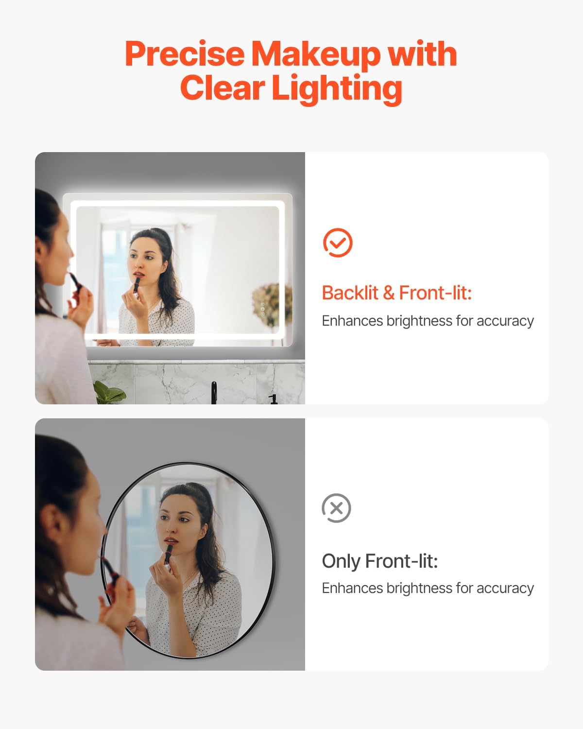 VEVOR LED Bathroom Mirror, 32" x 48" LED Bathroom Vanity Mirror with Frontlit and Backlit, Anti-Fog Memory Mirror with Lights, Stepless 3 Colors Temperature Dimmable Bathroom Mirror, Wall Mounted