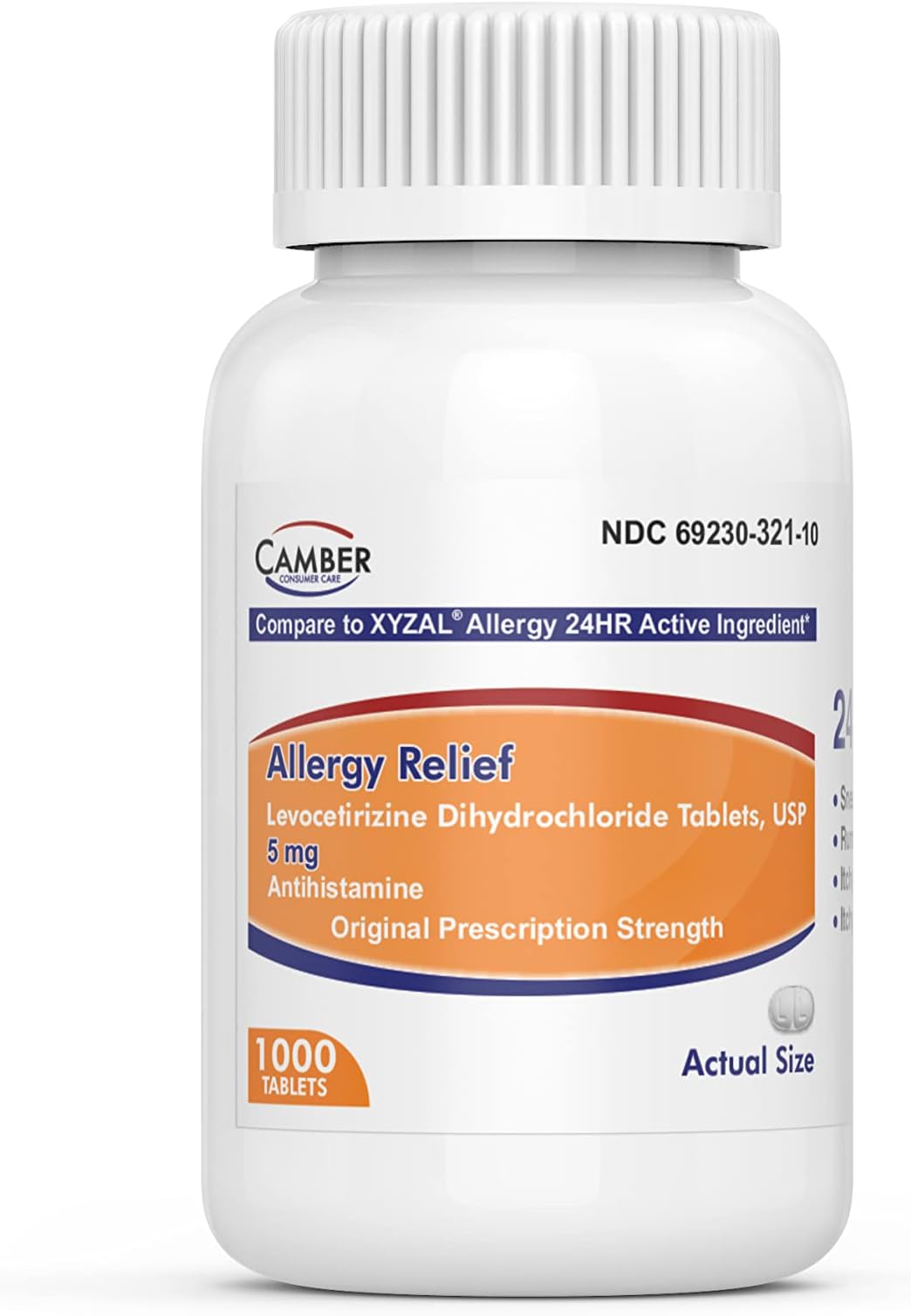 Camber Consumer Care Levocetirizine Dihydrochloride 5mg Antihistamine Tablets, 24 Hour Allergy Relief Medicine (1000 Count)