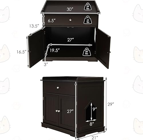 Miniatura 6 de PETSITE Caja de arena para gatos, mesa auxiliar grande para baño para gatos con cajón y 2 puertas, gabinete de almacenamiento de madera para gatos,