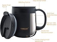 Vista 3 de Taza de café aislada de acero inoxidable de 11 oz / 330 ml con asa, vaso de doble pared con 2 tapas, color negro