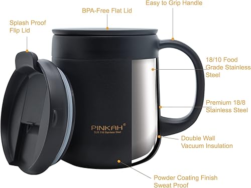 Miniatura 3 de Taza de café aislada de acero inoxidable de 11.2 fl oz con asa, vaso de acero inoxidable de doble pared con 2 tapas, color negro